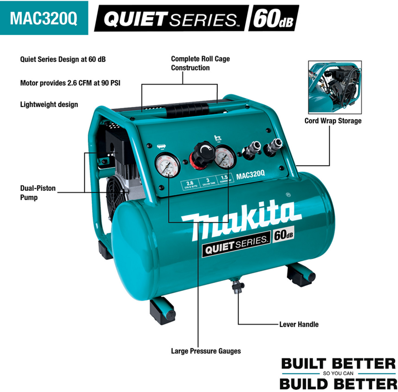 Makita MAK-MAC320Q Quiet Series 1-1/2 HP, 3 Gallon, Oil-Free, Electric Air Compressor