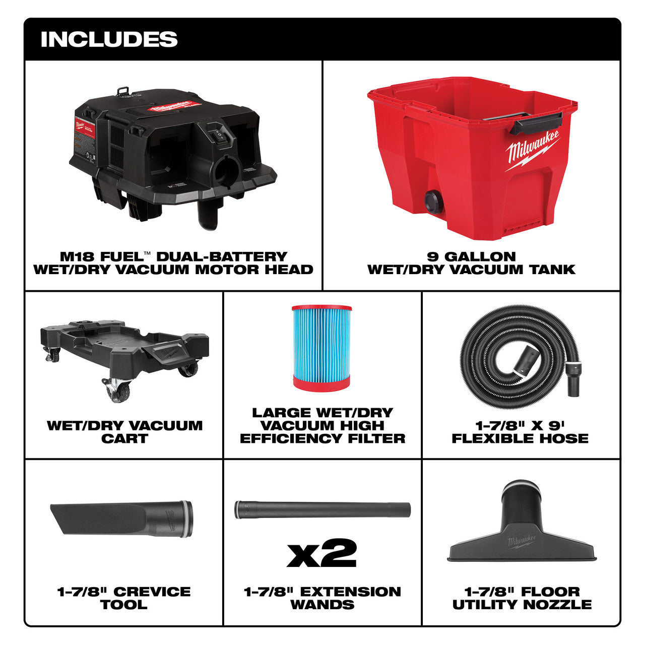 Milwaukee MIL-0920-20 M18 FUEL 9 Gallon Dual-Battery Wet/Dry Vacuum - Bare Tool