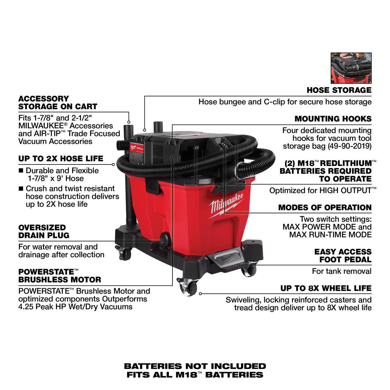 Milwaukee MIL-0920-20 M18 FUEL 9 Gallon Dual-Battery Wet/Dry Vacuum - Bare Tool