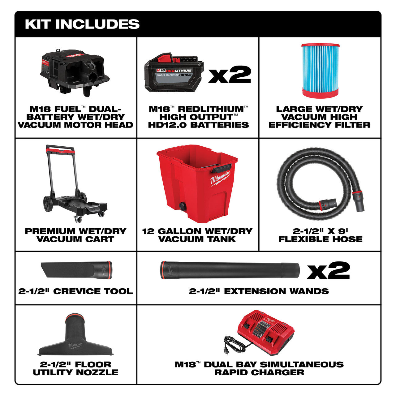 Milwaukee MIL-0930-22HD M18 FUEL 12 Gallon Dual-Battery Wet/Dry Vacuum Kit