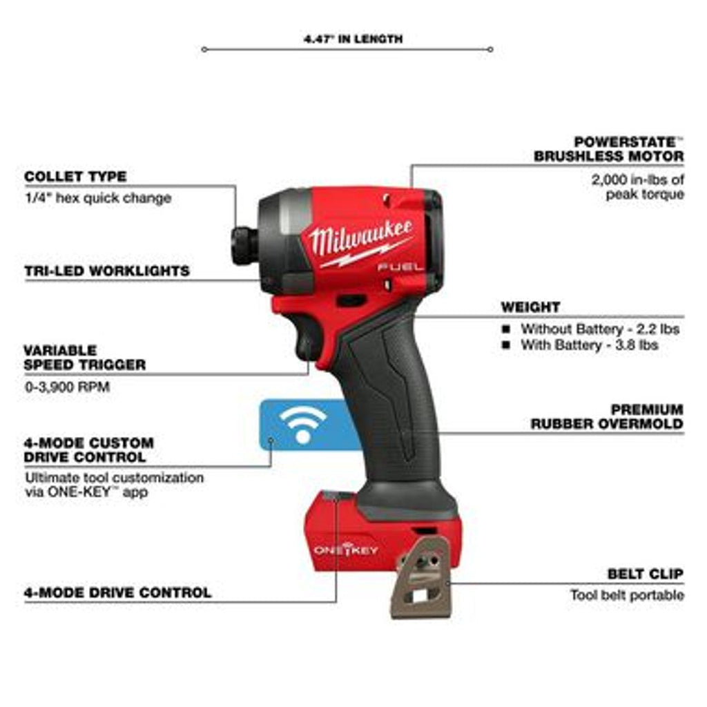 Milwaukee MIL-2957-20 M18 FUEL 1/4in Hex Impact Driver with ONE-KEY Bare Tool