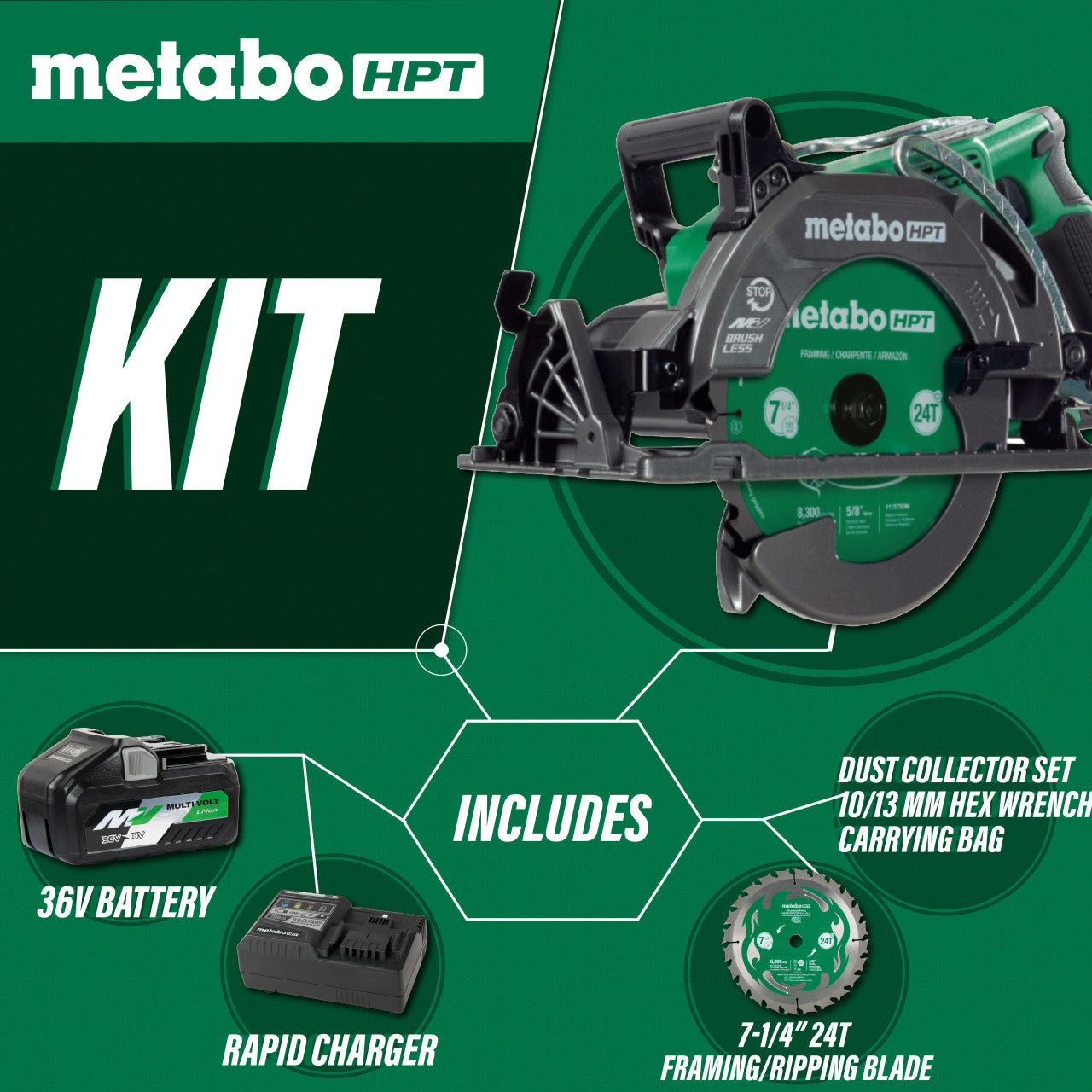Metabo-HPT HPT-C3607DWAM 36V MultiVolt 7-1/4in Rear Handle Circular Saw 4.0Ah Kit