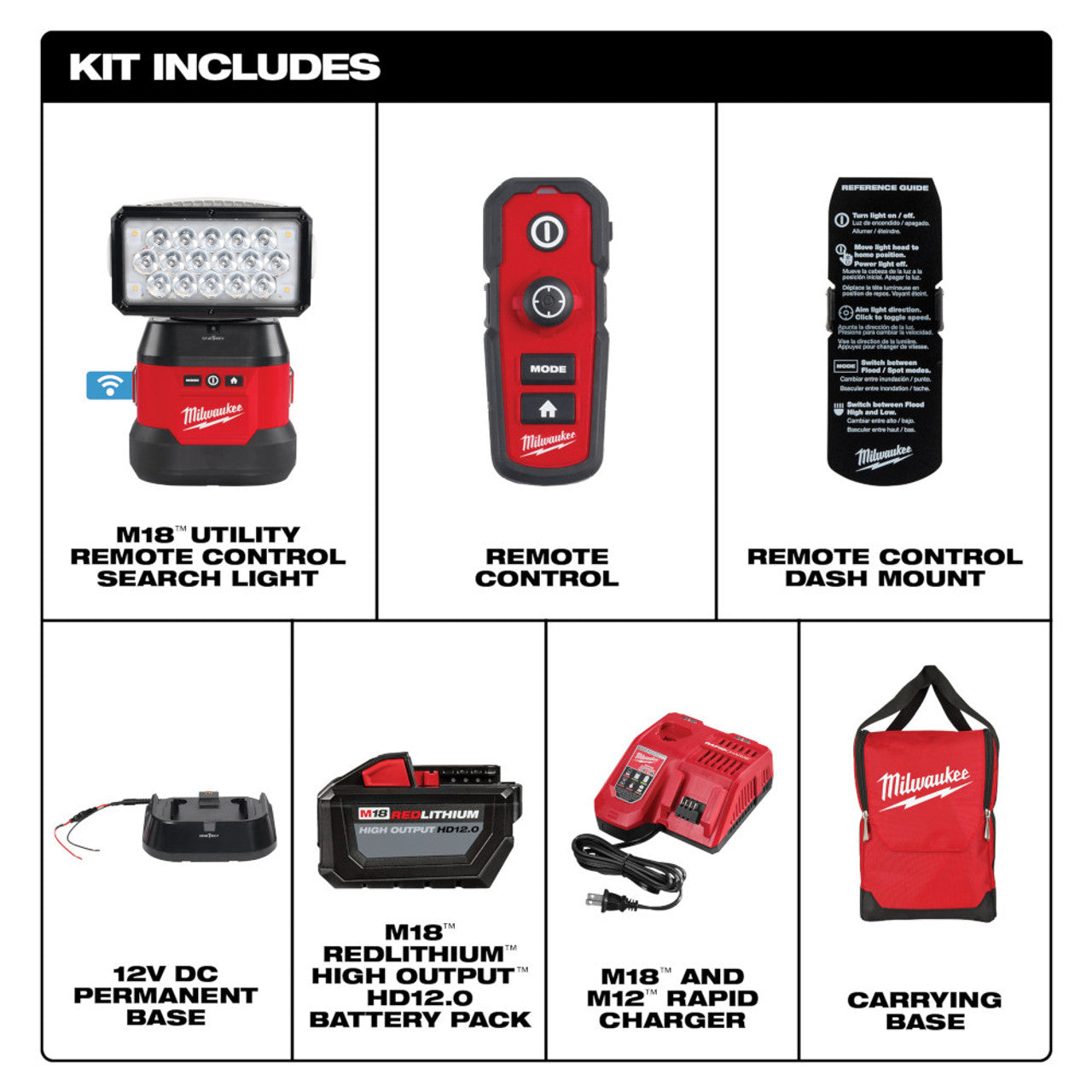 Milwaukee MIL-2123-21HD M18 Utility Remote Control Search Light 12.0Ah Kit with Portable Base