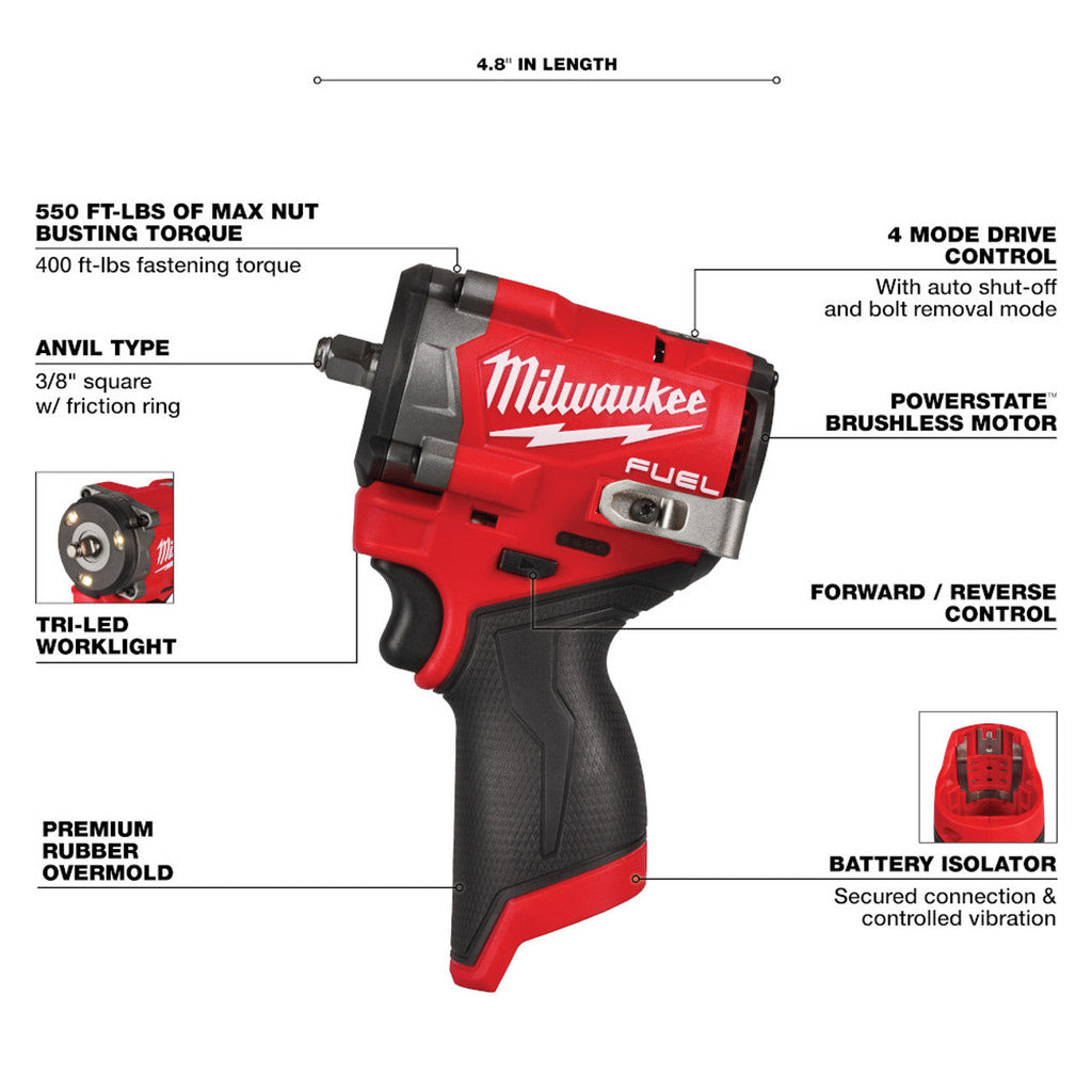 Milwaukee MIL-2562-20 M12 FUEL 3/8in Stubby Impact Wrench Bare Tool