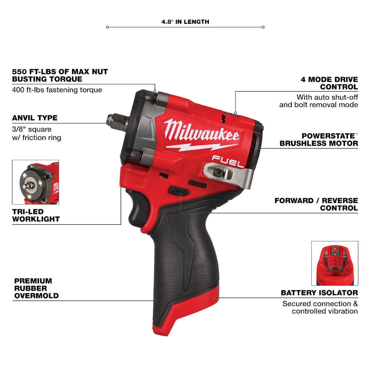 Milwaukee MIL-2562-20 M12 FUEL 3/8in Stubby Impact Wrench Bare Tool