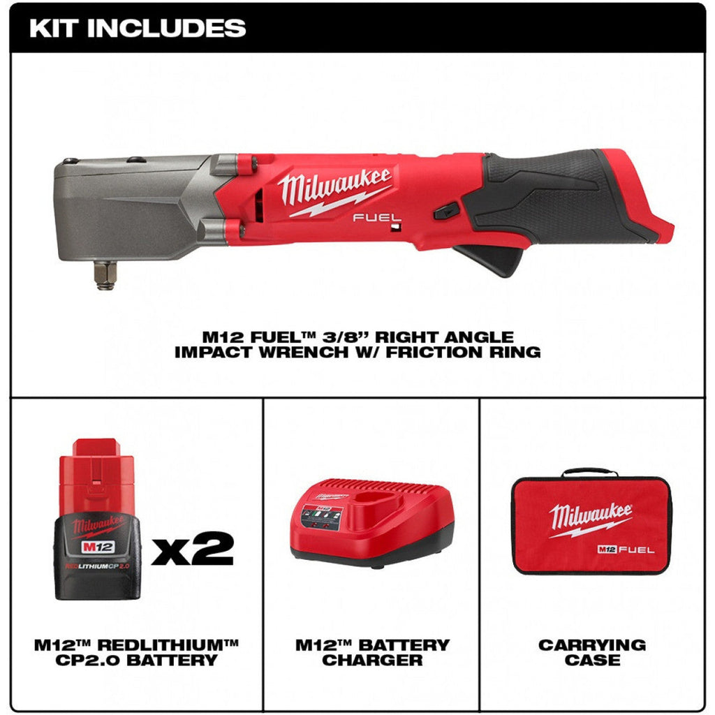 Milwaukee MIL-2564-22 M12 Fuel 3/8in Right Angle Impact Wrench With Friction Ring 2x CP2.0ah Kit.