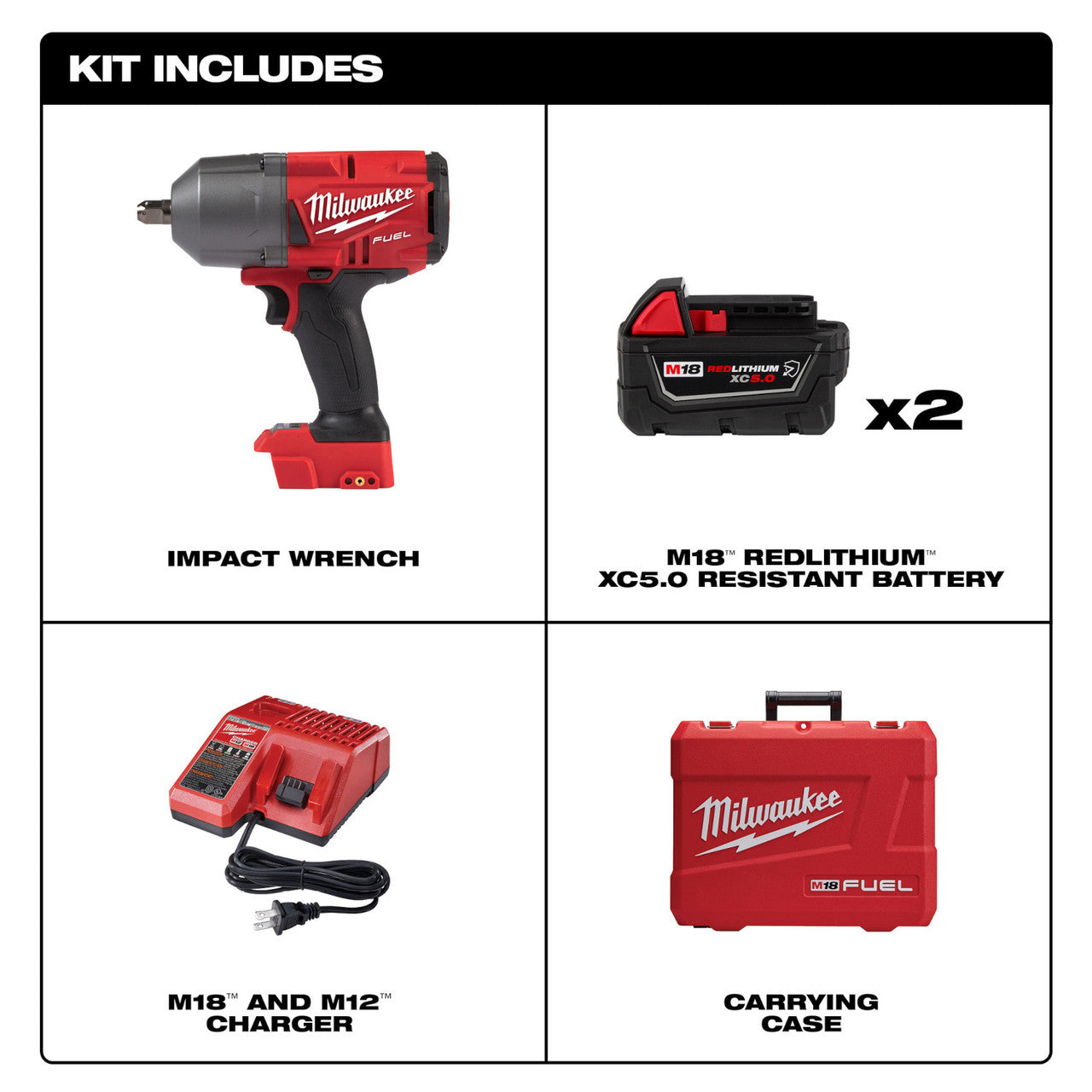 Milwaukee MIL-2766-22R GEN II M18 FUEL High Torque 1/2in Impact Wrench 2x 5.0Ah Kit With Pin Detent