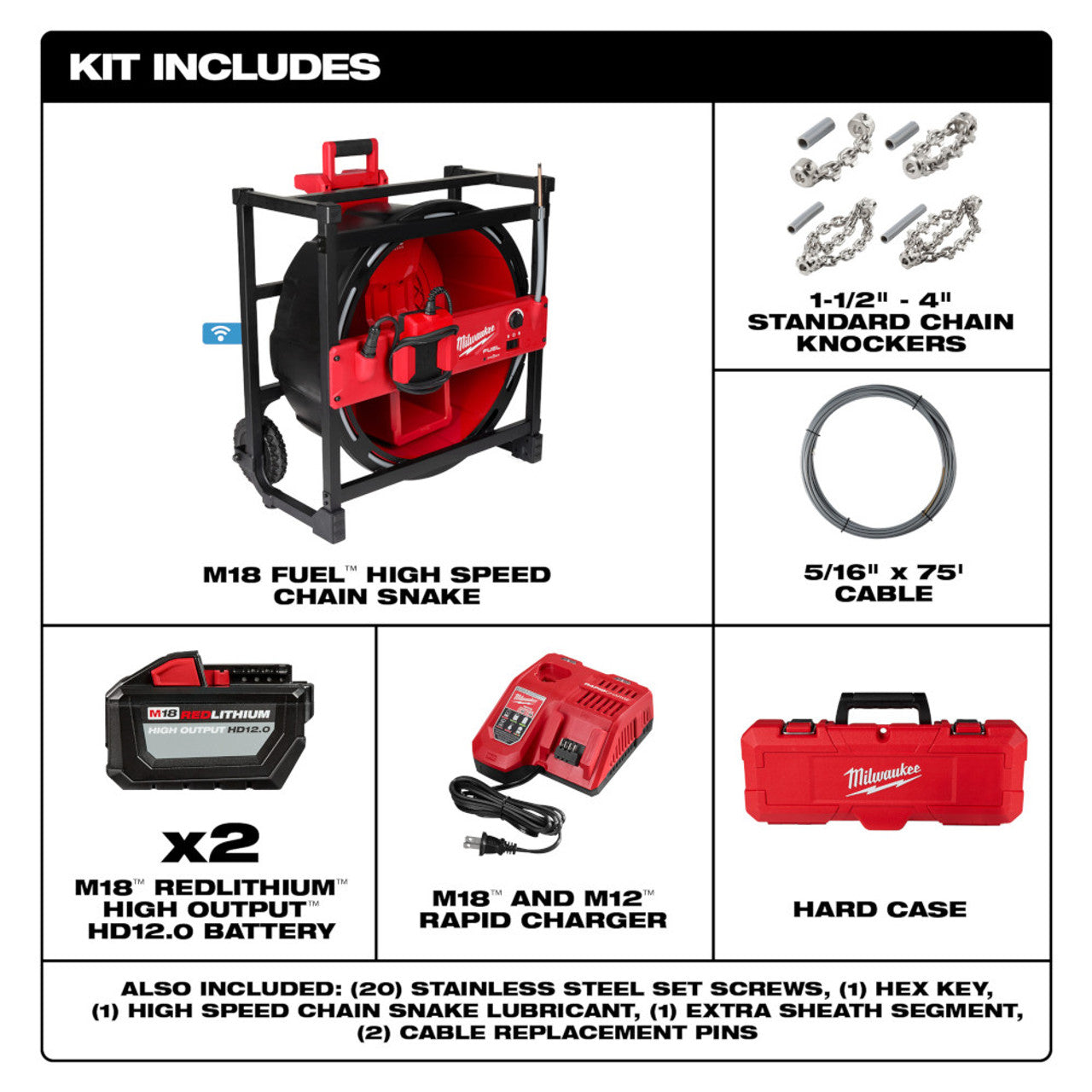 Milwaukee MIL-2819-22 M18 FUEL High Speed Chain Snake 2x 12.0Ah Kit for 1-1/2In to 4In Pipes