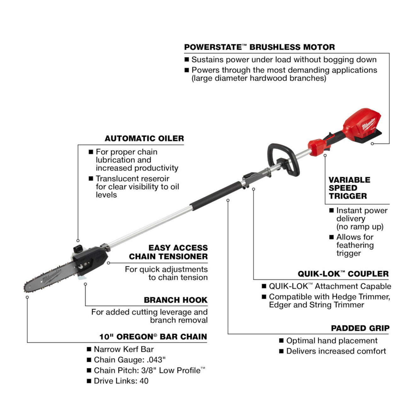 Milwaukee MIL-2825-20PS M18 FUEL 10in Pole Saw with QUIK-LOK Attachment Capability