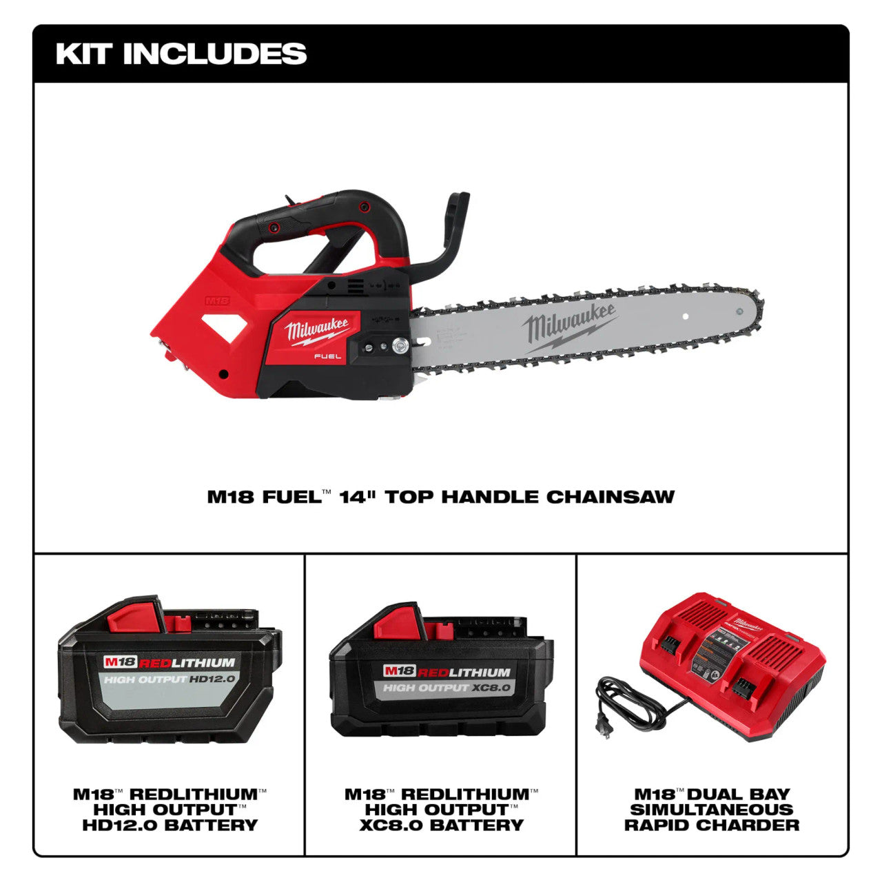 Milwaukee MIL-2826-22T M18 FUEL 14in Top Handle Chainsaw 8.0Ah + 12.0Ah Kit