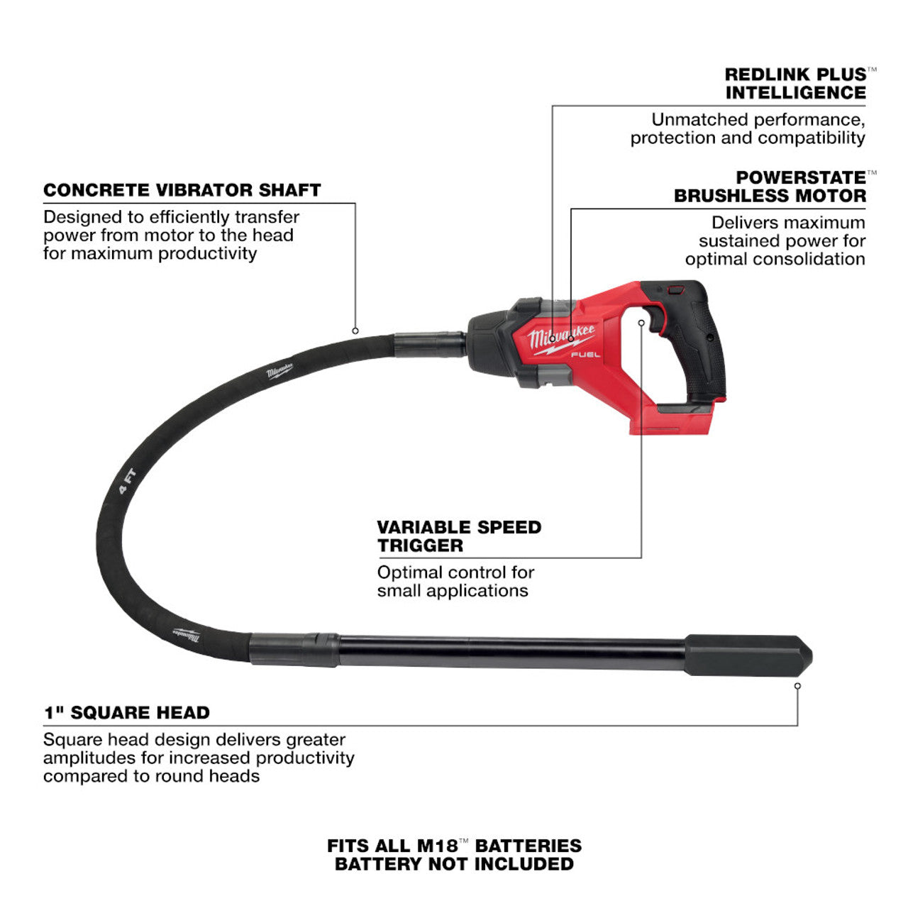 Milwaukee MIL-2910-20 M18 FUEL 4ft Concrete Pencil Vibrator Bare Tool