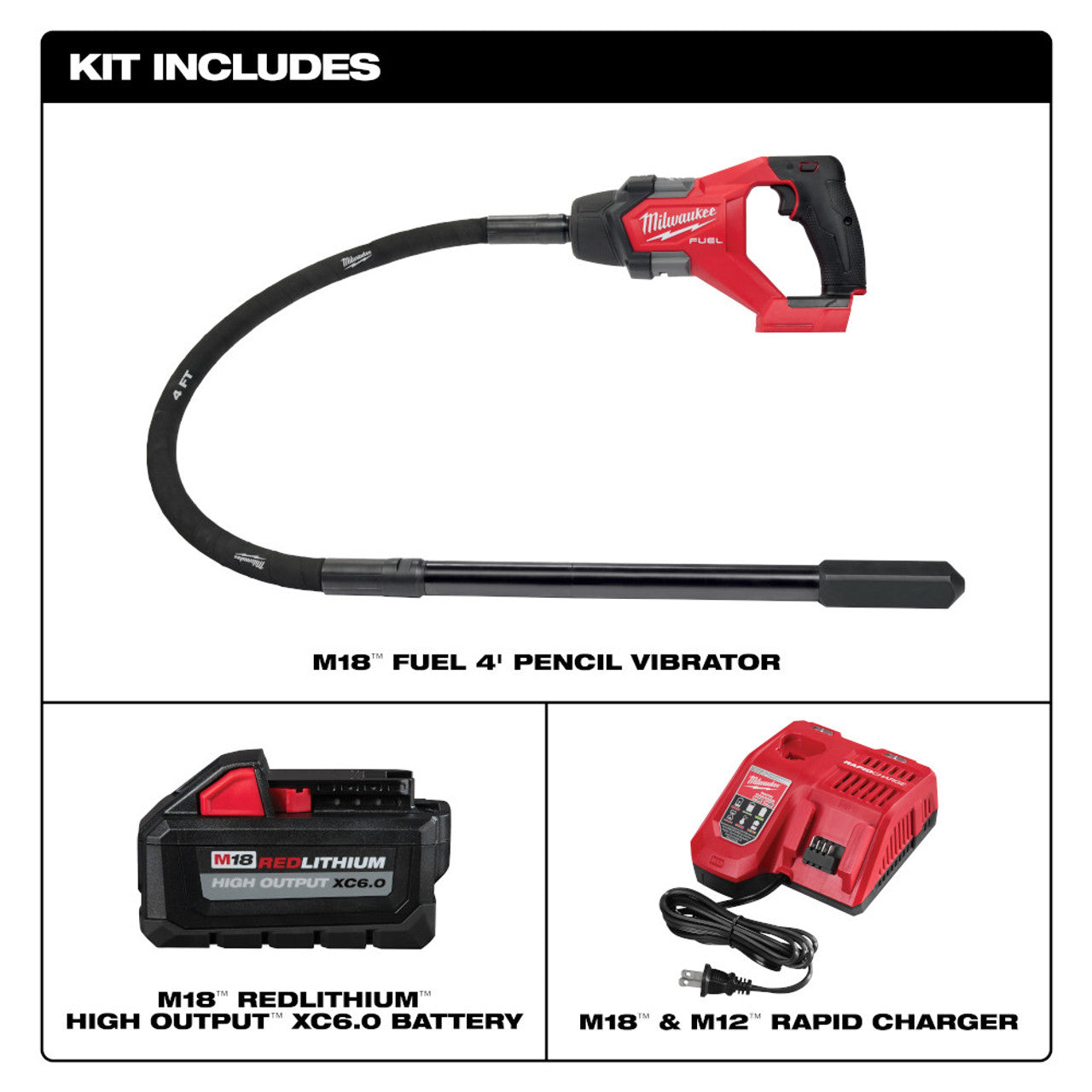 Milwaukee MIL-2910-21 M18 FUEL 4ft Concrete Pencil Vibrator 6.0Ah Kit