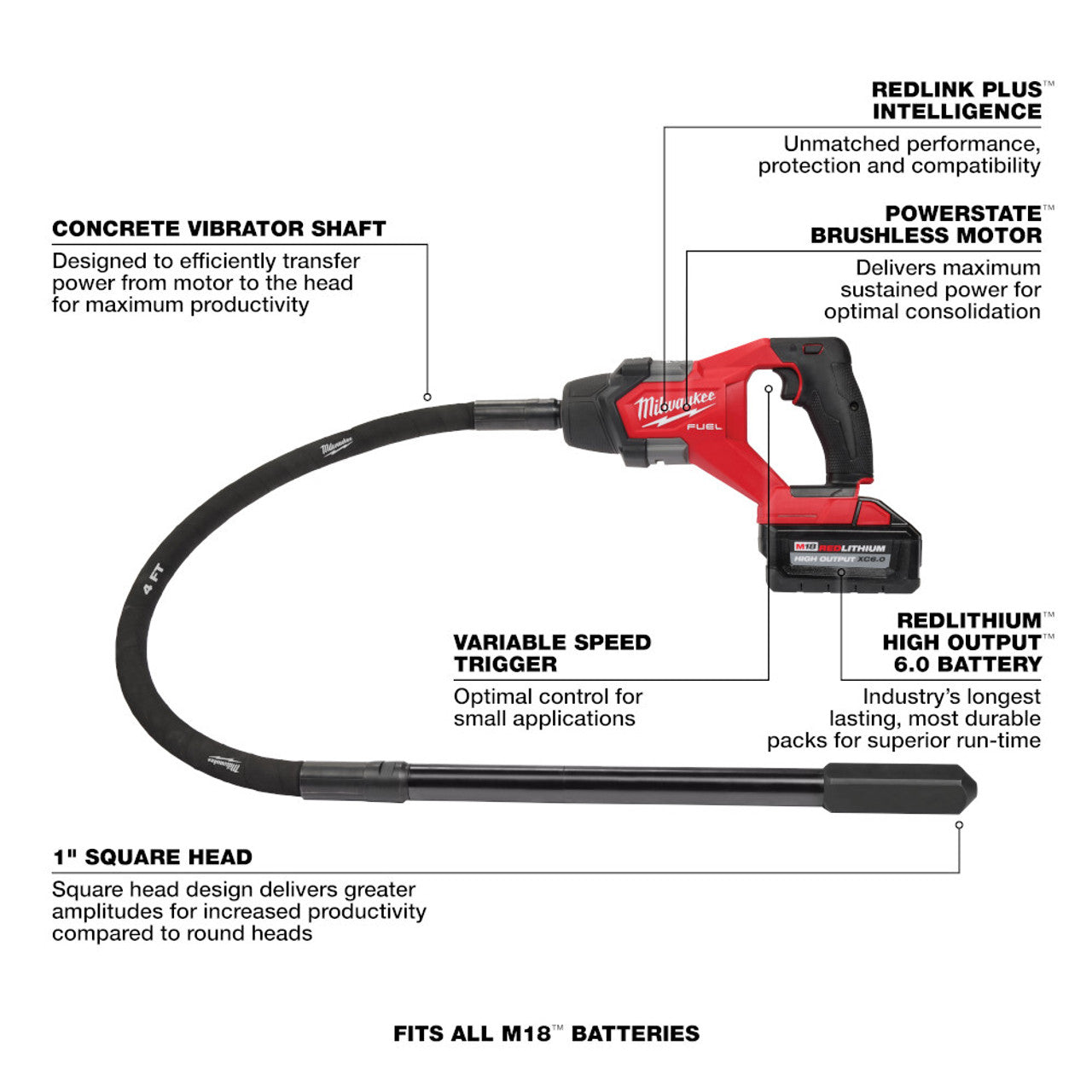 Milwaukee MIL-2910-21 M18 FUEL 4ft Concrete Pencil Vibrator 6.0Ah Kit