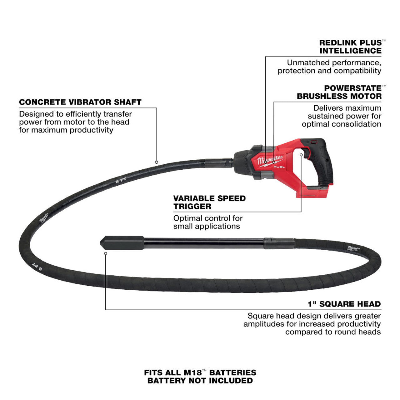 Milwaukee MIL-2911-20 M18 FUEL 8ft Concrete Pencil Vibrator Bare Tool