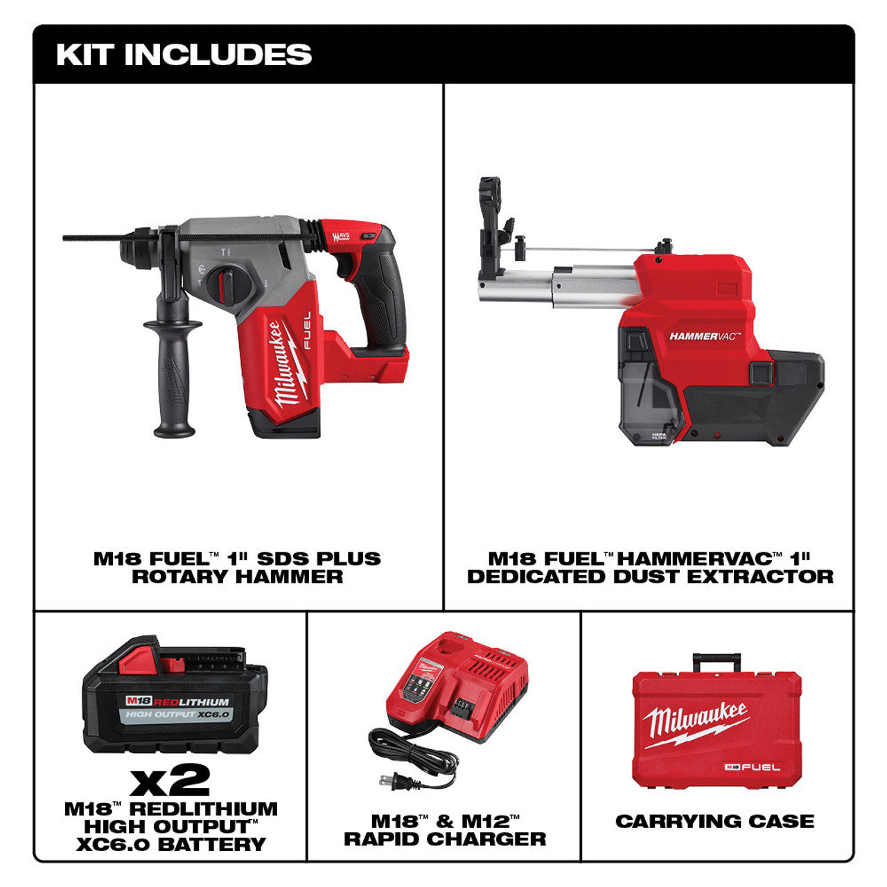 Milwaukee MIL-2912-22DE M18 FUEL 1in SDS Plus Rotary Hammer Dust Extractor 2x XC6.0 Kit