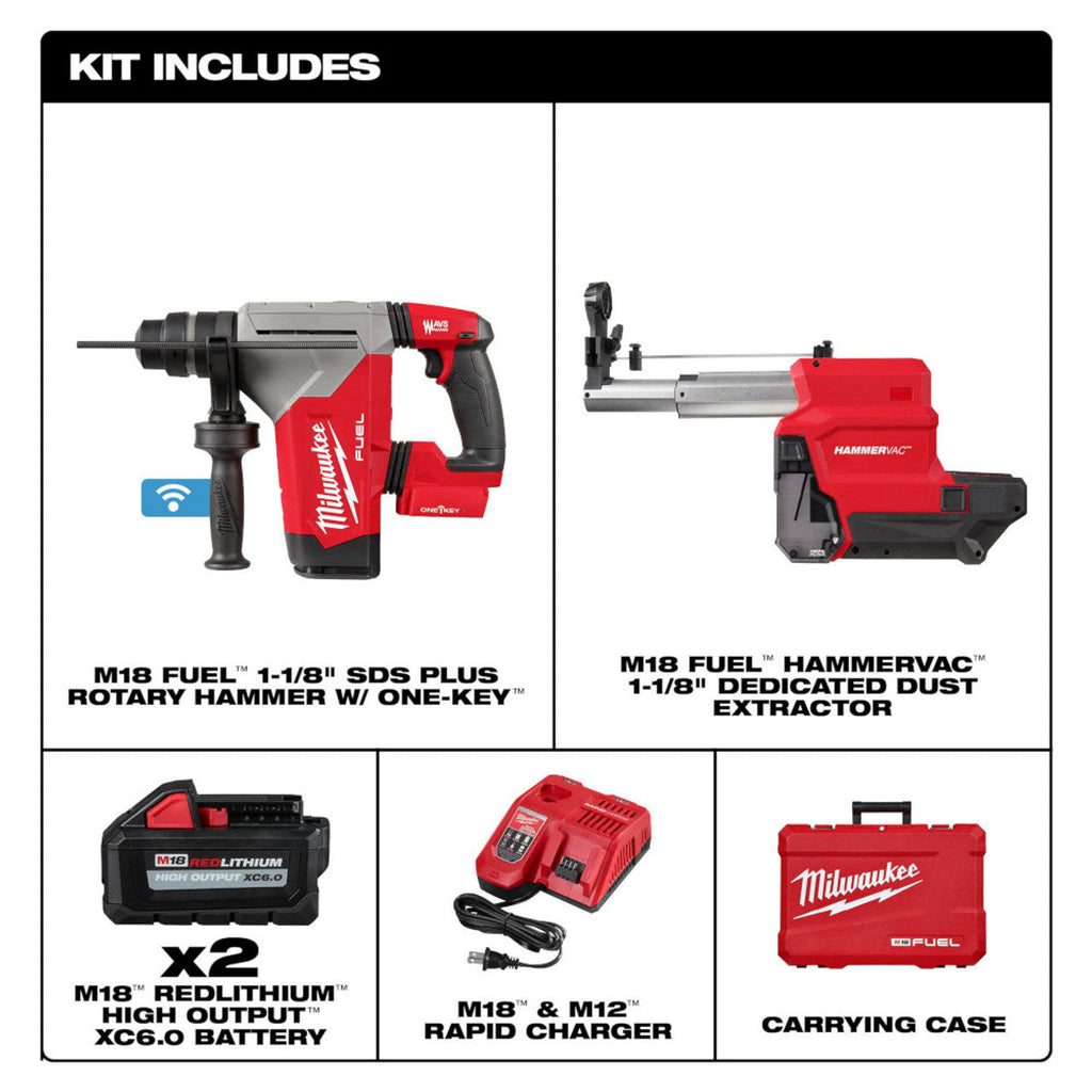Milwaukee MIL-2915-22DE M18 Fuel 1-1/8in SDS Plus Rotary Hammer with ONE-KEY & HAMMERVAC Dedicated Dust Extractor 2x 6.0Ah Kit