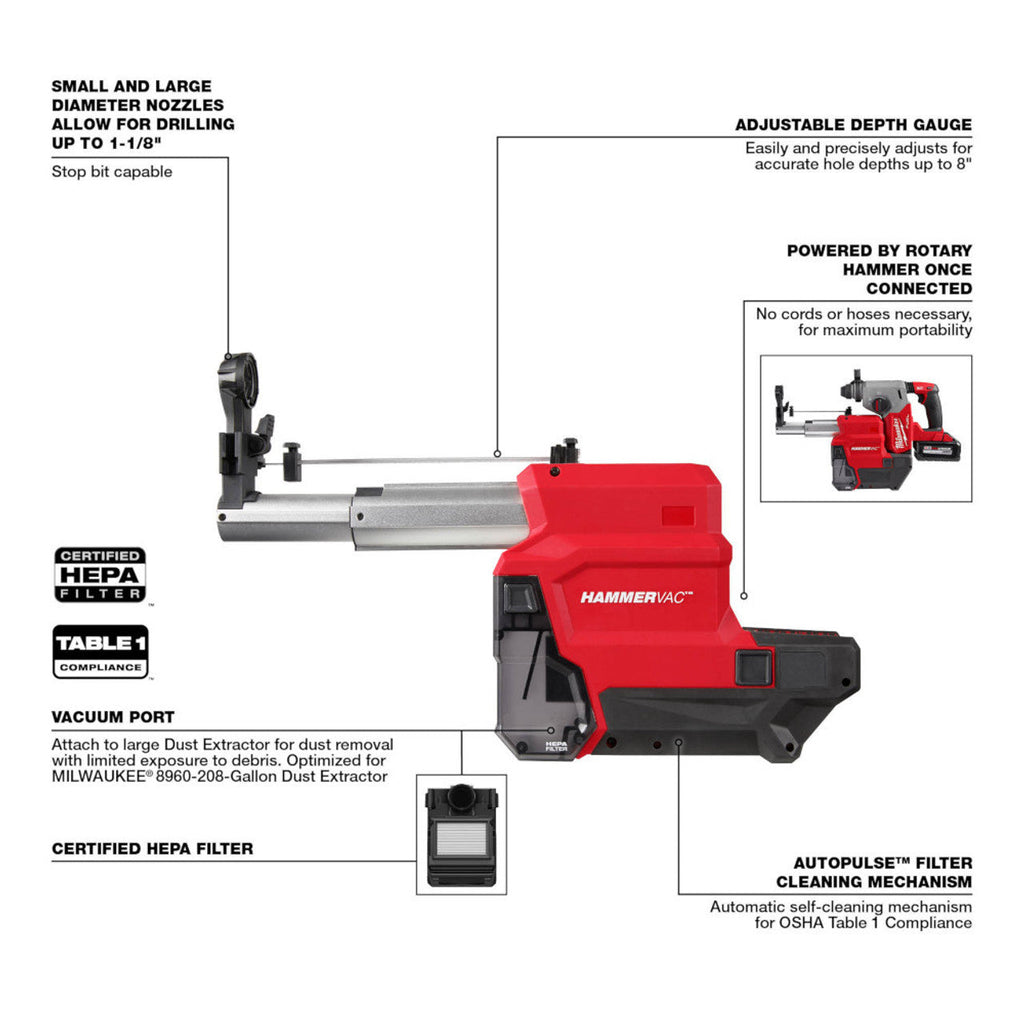 Milwaukee MIL-2915-22DE M18 Fuel 1-1/8in SDS Plus Rotary Hammer with ONE-KEY & HAMMERVAC Dedicated Dust Extractor 2x 6.0Ah Kit