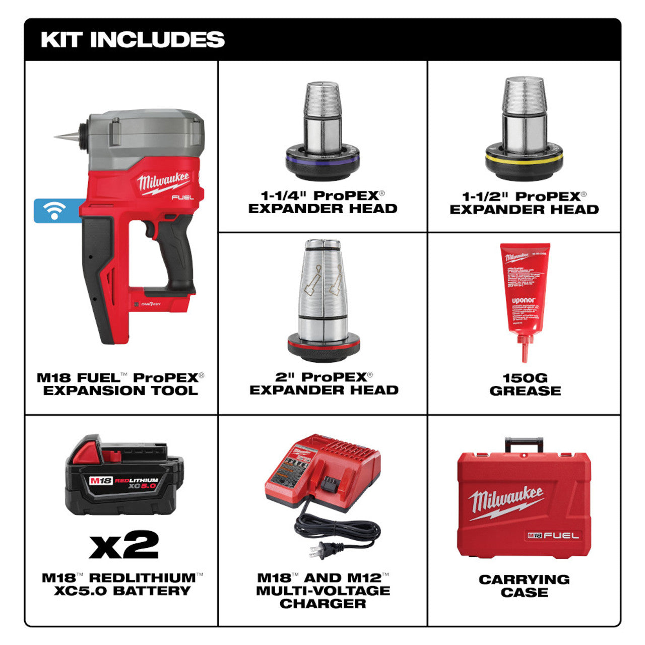 Milwaukee MIL-2932-22XC M18 FUEL 2in ProPEX Expander Kit with ONE-KEY & 1 1/4 - 2in Expander Heads