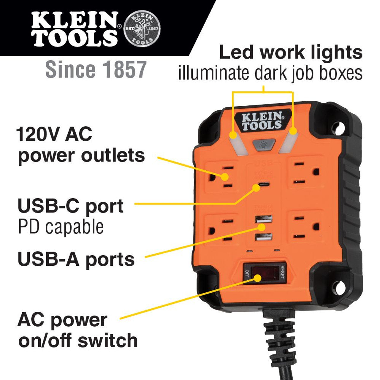 Klein KLE-29601 PowerBox 1, Magnetic Mounted Power Strip with Integrated LED Lights