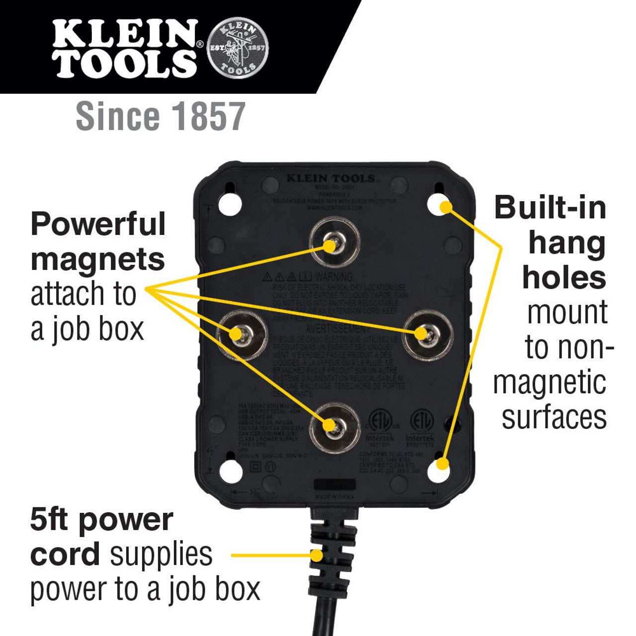 Klein KLE-29601 PowerBox 1, Magnetic Mounted Power Strip with Integrated LED Lights