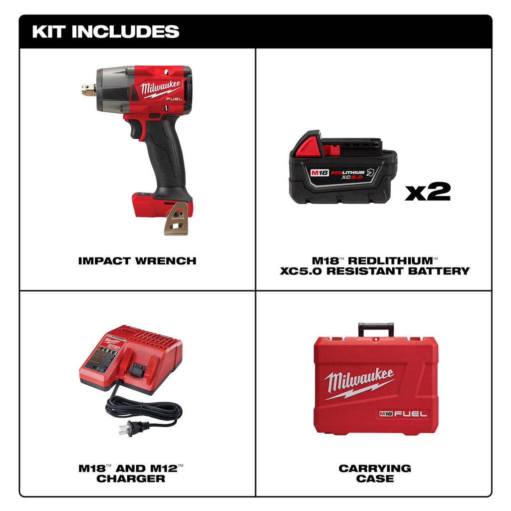 Milwaukee MIL-2962P-22R M18 FUEL 1/2in Mid-Torque Impact Wrench 2x 5.0Ah Kit With Pin Detent