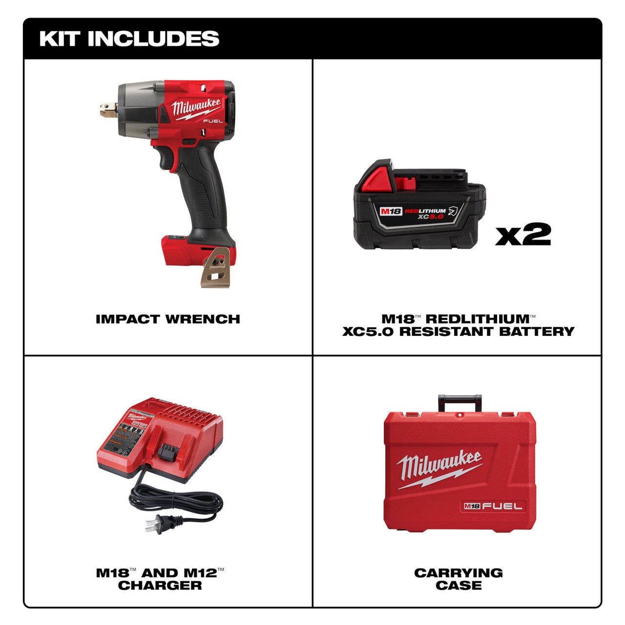 Milwaukee MIL-2962P-22R M18 FUEL 1/2in Mid-Torque Impact Wrench 2x 5.0Ah Kit With Pin Detent