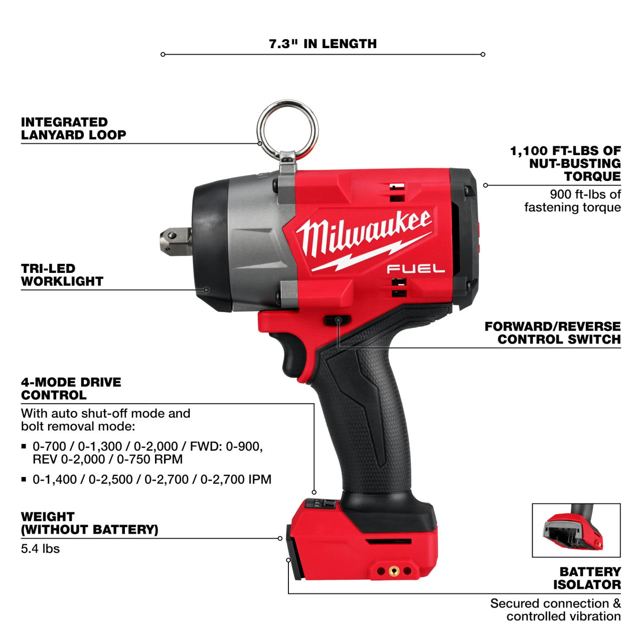 Milwaukee MIL-2966-20 M18 FUEL 1/2in High Torque Impact Wrench with Detent Pin (Bare Tool)