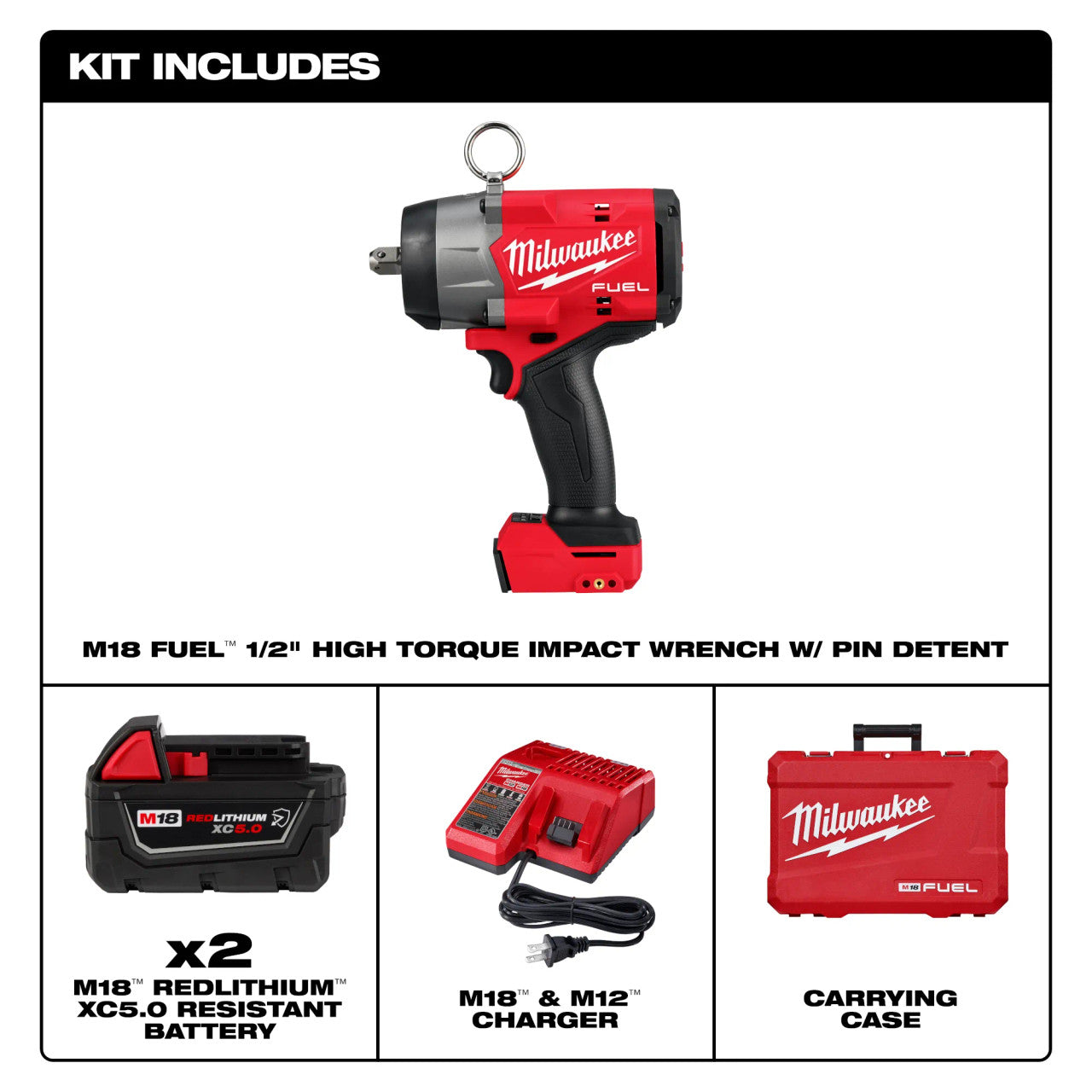 Milwaukee MIL-2966-22 M18 FUEL 1/2in High Torque Impact Wrench with Detent Pin Kit