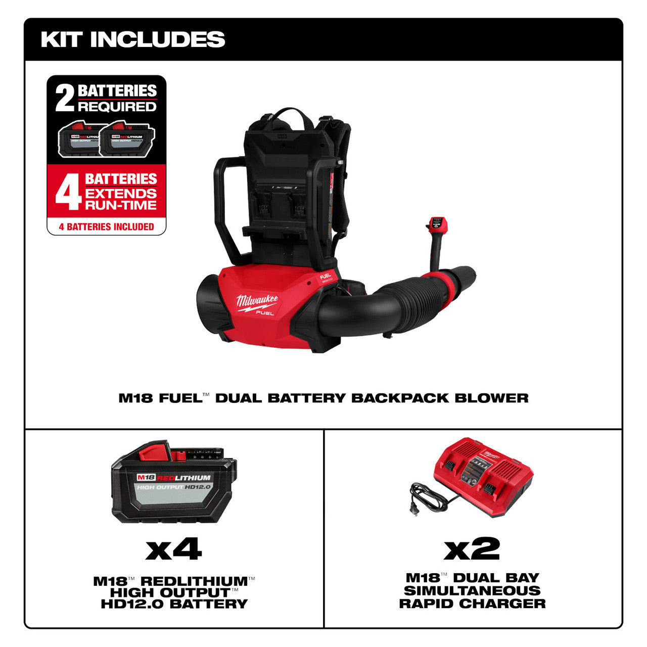 Milwaukee MIL-3009-24HD M18 Fuel Dual Battery Backpack Blower Kit