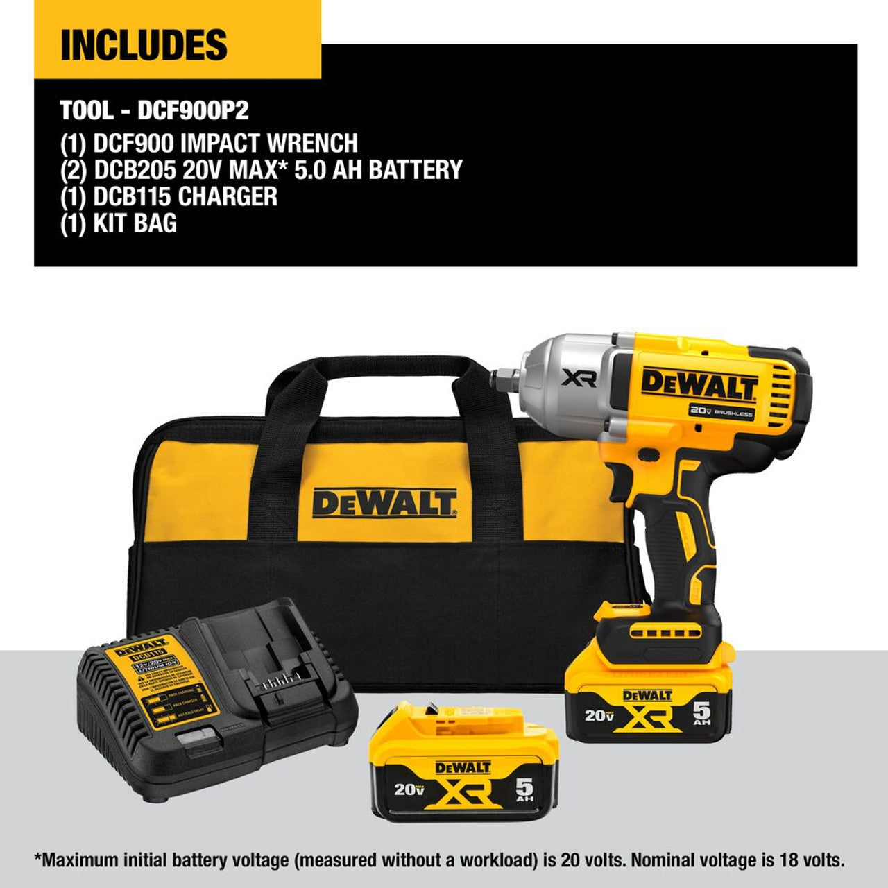 DEWALT DEW-DCF900P2 20V MAX XR 1/2in High Torque Impact Wrench with Hog Ring Anvil 2x 5.0Ah Kit
