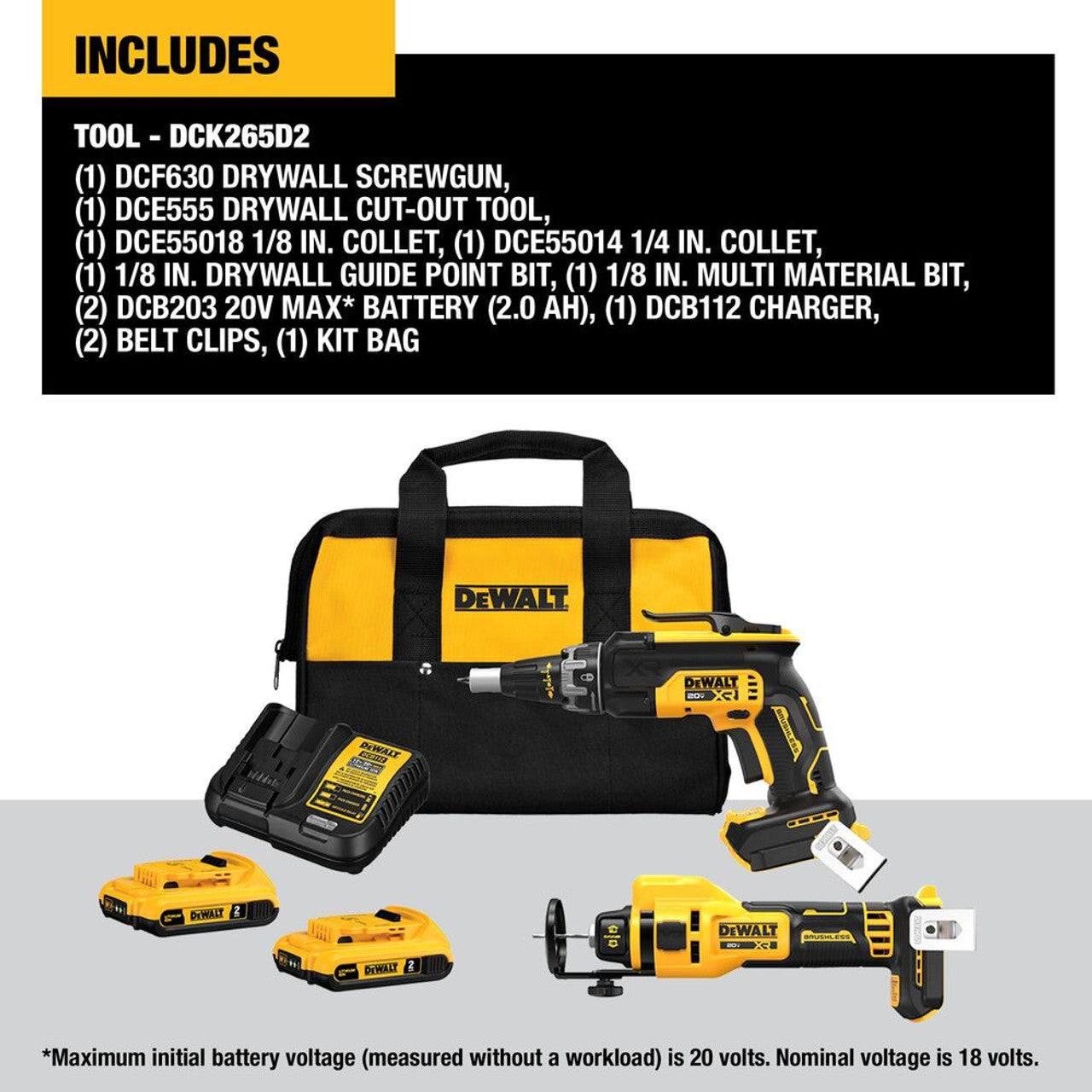 DEWALT DEW-DCK265D2 20V MAX XR Brushless 2-Tool Drywall Screwgun & Cut-Out Tool 2x 2.0Ah Combo Kit