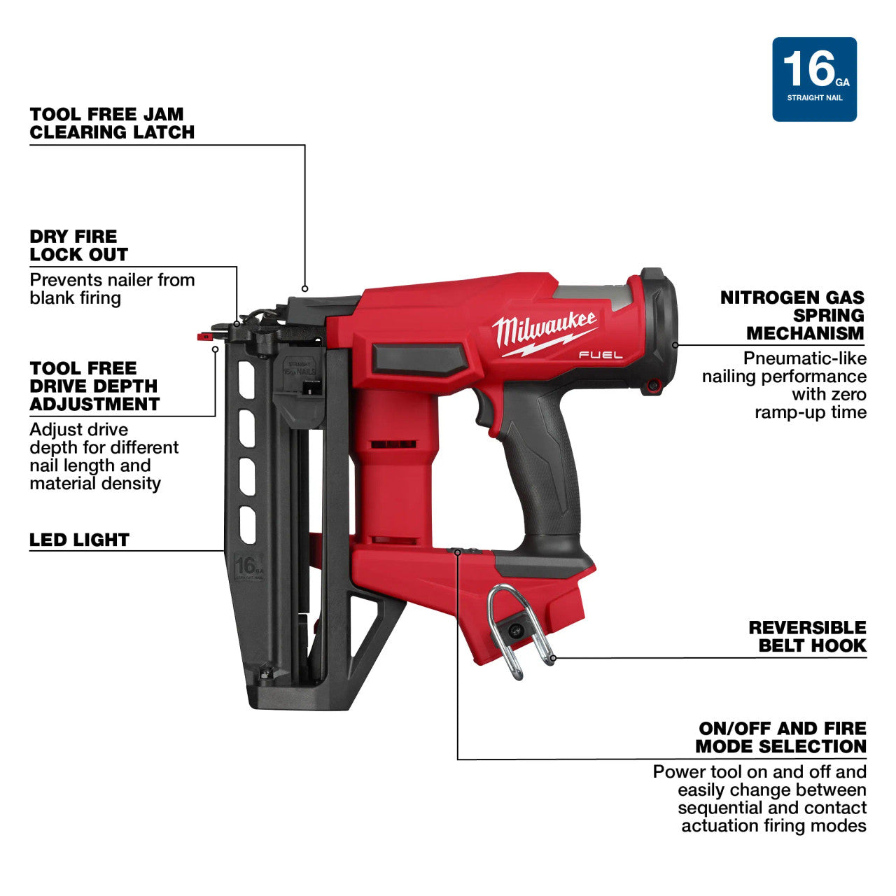 Milwaukee MIL-3020-20 Gen2 M18 FUEL 16Ga Straight Nailer (Bare Tool)