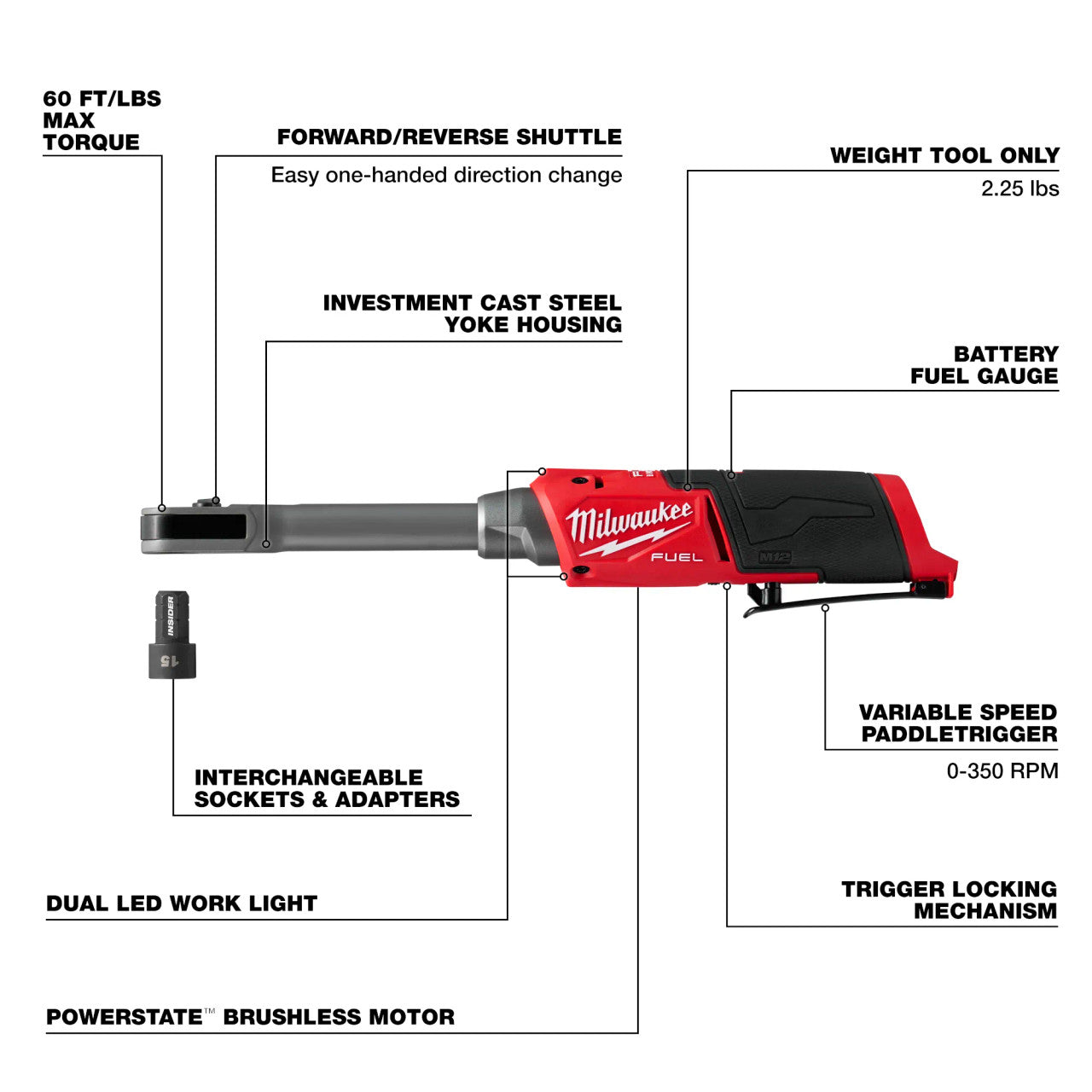 Milwaukee MIL-3050-20 M12 FUEL Insider Extended Reach Box Ratchet