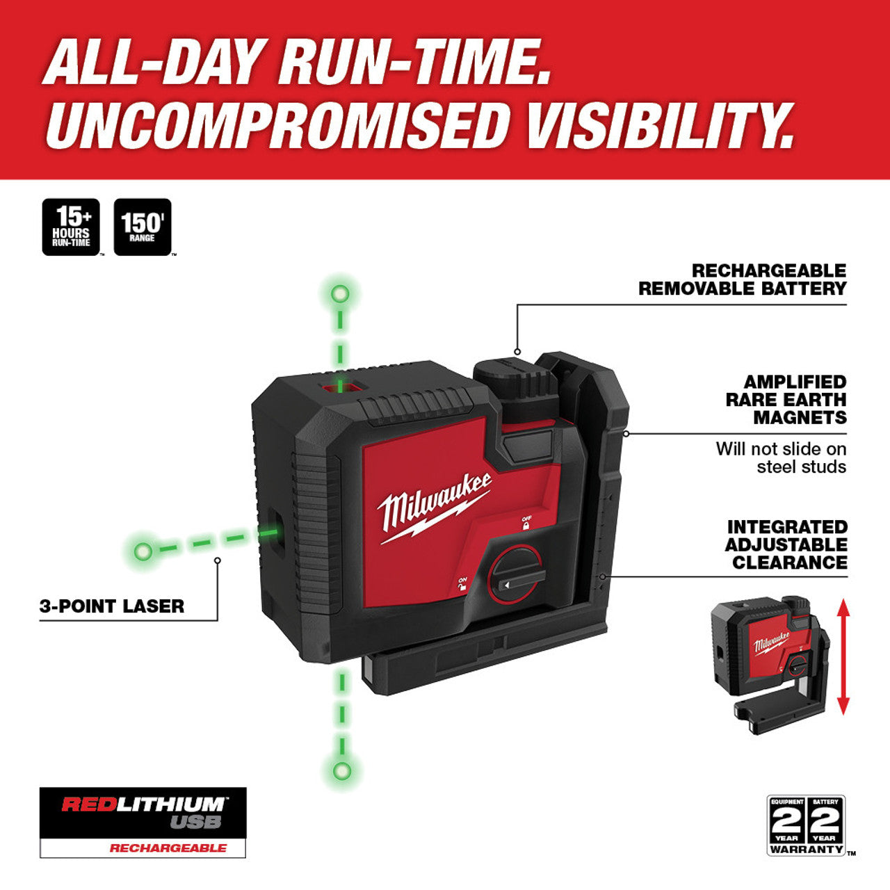Milwaukee MIL-3510-21 USB Rechargeable Green 3-Point Laser