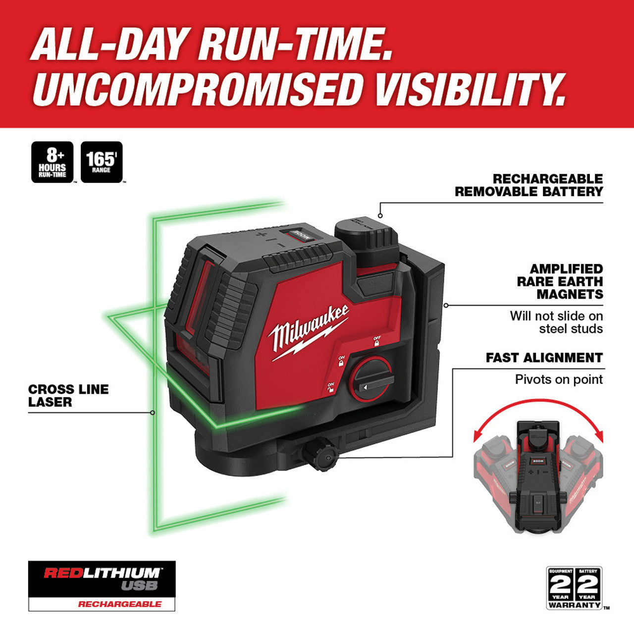 Milwaukee MIL-3521-21 USB Rechargeable Green Cross Line Laser