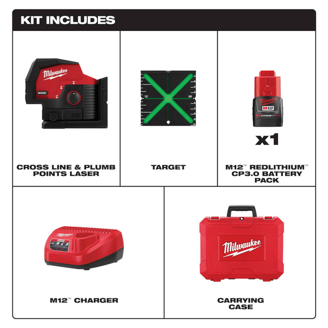 Milwaukee MIL-3622-21 M12 Green Cross Line and Plumb Points Laser Kit