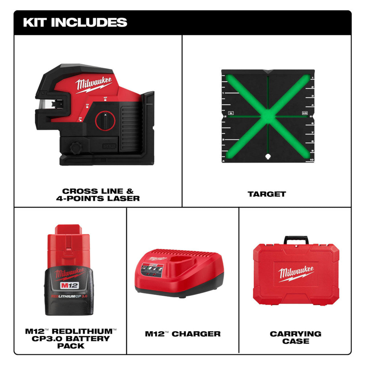 Milwaukee MIL-3624-21 M12 Green Cross Line/4-Points Laser Kit