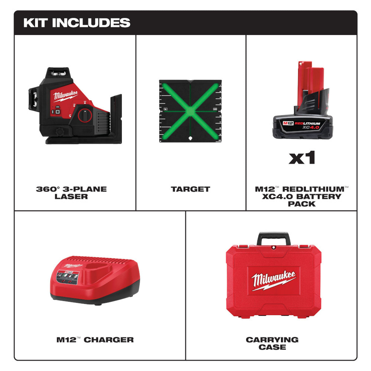 Milwaukee MIL-3632-21 M12 Green 360 Degree 3-Plane Laser Kit