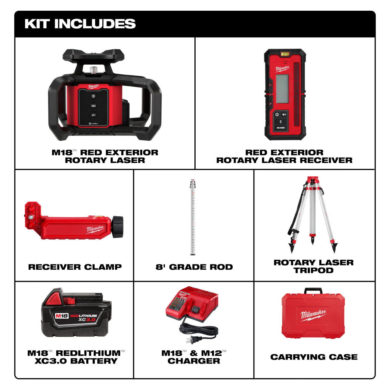 Milwaukee MIL-3701-21T M18 Red Exterior Rotary Laser Level Kit with Receiver, Tripod and Grade Rod