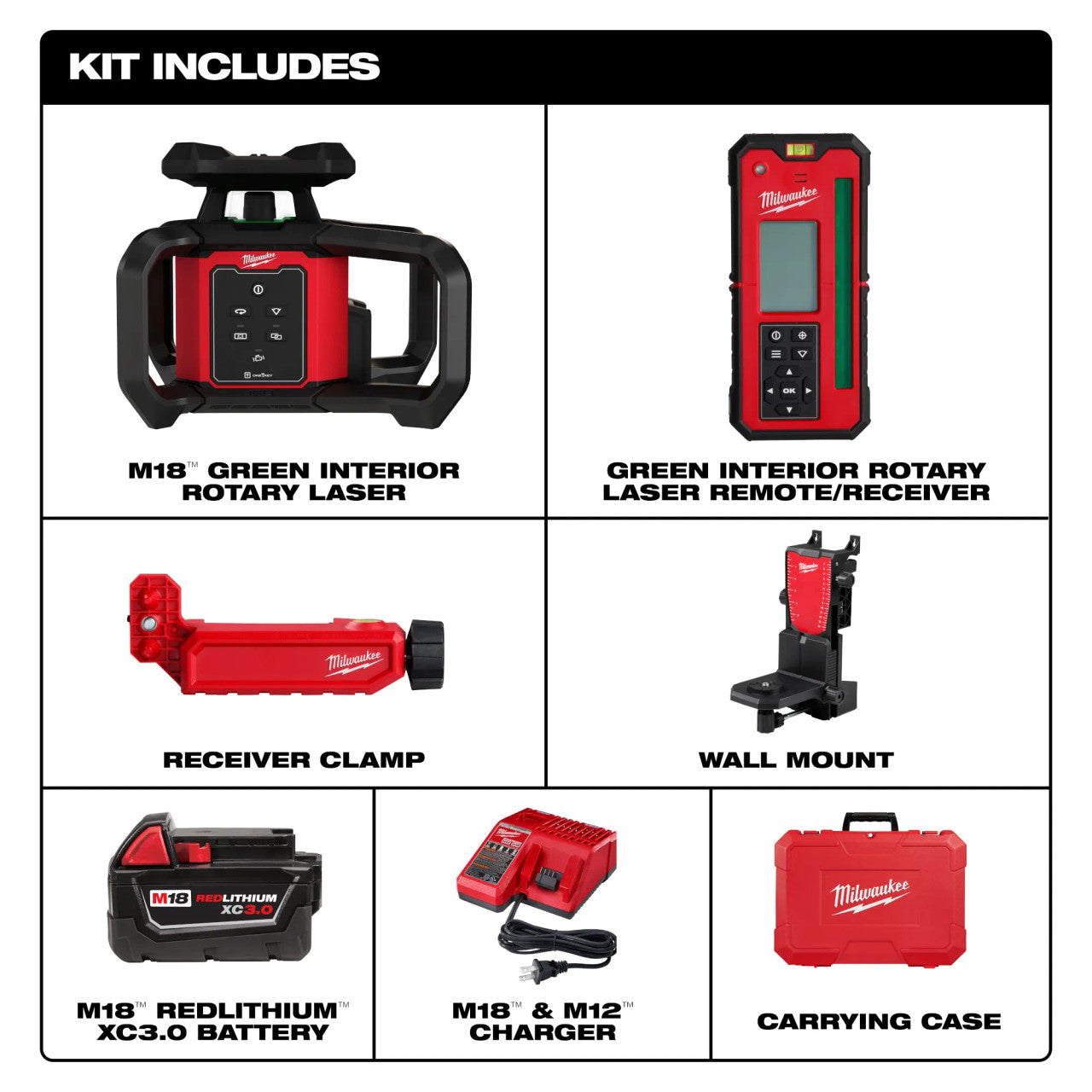 Milwaukee MIL-3702-21 M18 Green Interior Rotary Laser Level Kit with Remote/Receiver and Wall Mount Bracket