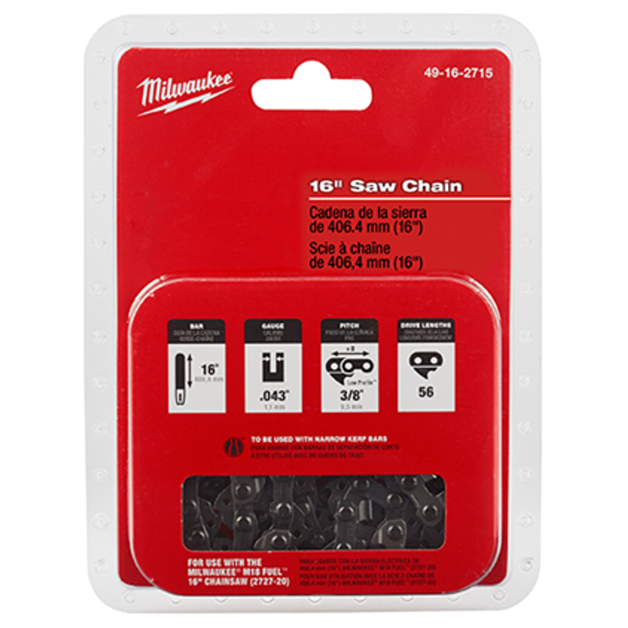 Milwaukee MIL-49-16-2715 16in Saw Chain Replacement for 2727-20