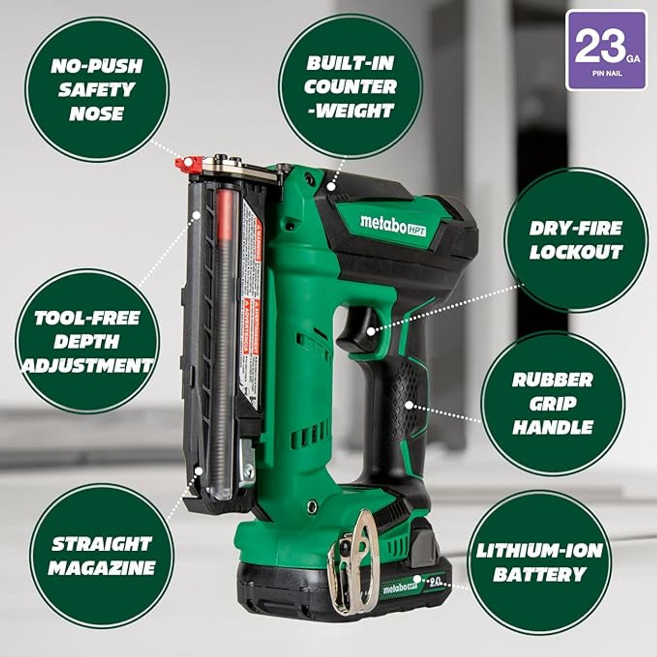 Metabo-HPT HPT-NP18DSALTM 1-3/8'' 18V MultiVolt Cordless 23-Gauge Compact Pin Nailer 2.0Ah Kit