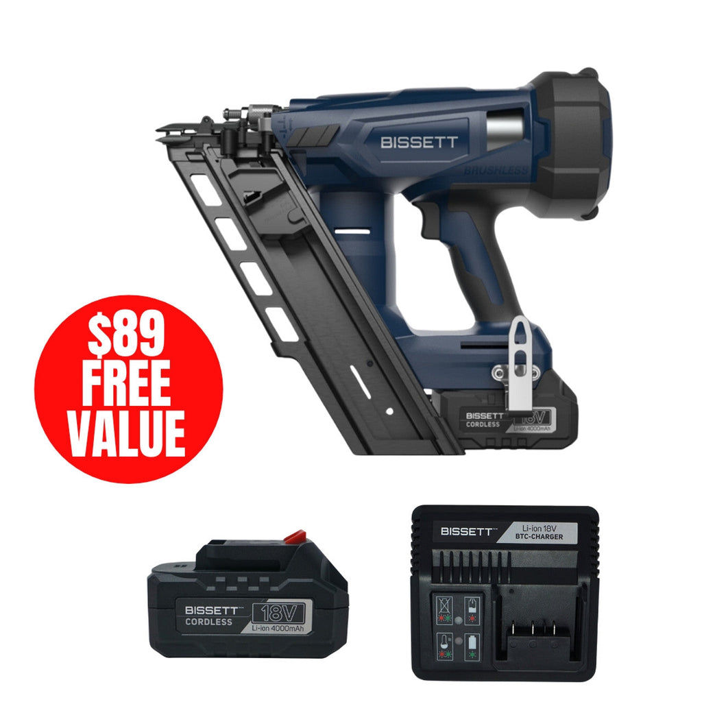 Bissett BIS-BTC-SN3190 18V 31 Deg. Brushless Framing Nailer 4.0Ah Kit +BONUS 4.0Ah Battery