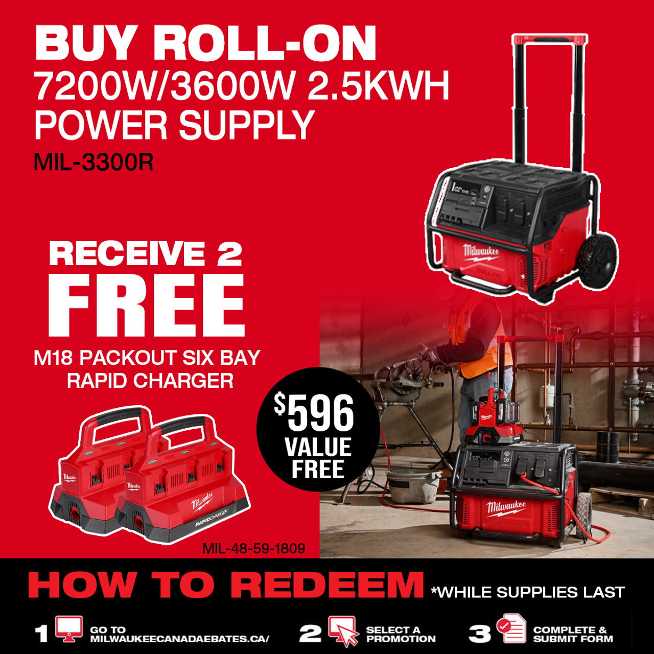 Milwaukee MIL-3300R ROLL-ON 7200W/3600W 2.5kWh Power Supply