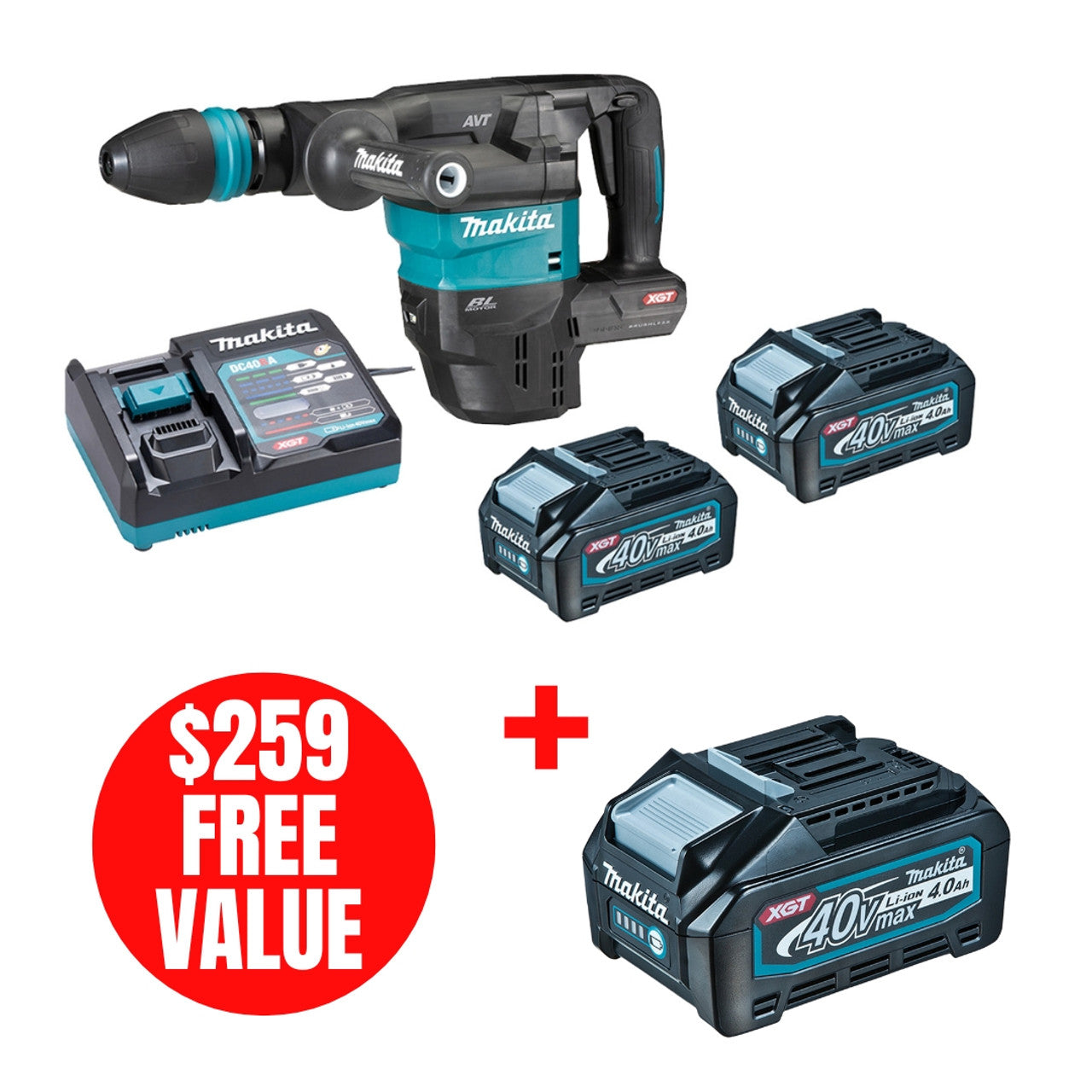 Makita MAK-HM001GM202 40V MAX XGT SDS-MAX Demolition Hammer 2x 4.0Ah Kit