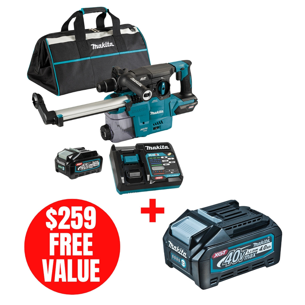 Makita MAK-HR008GM202 40V MAX XGT Cordless 1-3/16in SDS-PLUS Rotary Hamer w/ DX10 Dust Extraction Attachment 4.0 Ah Kit