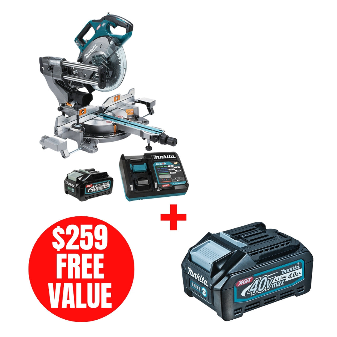 Makita MAK-LS002GM102 40V MAX XGT Cordless 8-1/2in Dual Compound Sliding Mitre Saw 4.0Ah Kit