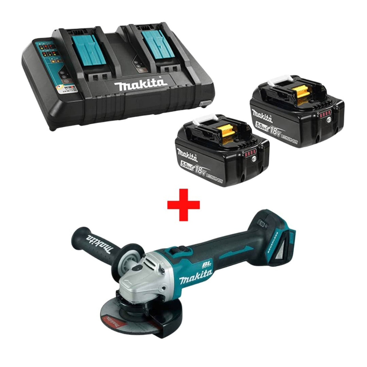 Makita MAK-Y-00359-DGA504Z Dual Charger + 2x 5.0Ah Batteries with 18V Li-Ion 5in Brushless Grinder Kit