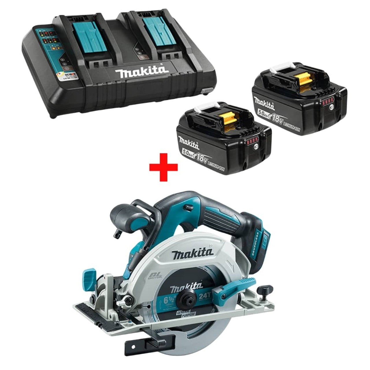 Makita MAK-Y-00359-DHS680Z DC18RD Dual Charger + 2x 5.0Ah Batteries with 6-1/2in 18V Li-Ion Brushless Circular Saw Kit