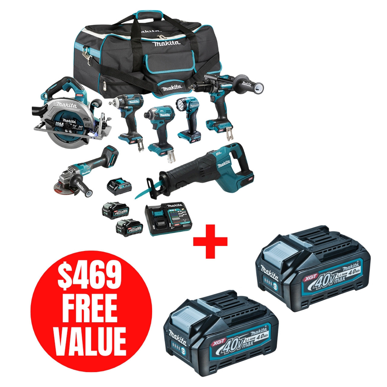 Makita MAK-DK0216G701 40V MAX XGT Brushless 7-Piece 2x 4.0Ah Combo Kit